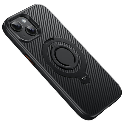 For iPhone 15 Case Compatible with MagSafe Kickstand Carbon Fiber Texture PC + TPU Back Cover with Silicone Ring