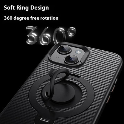 For iPhone 15 Case Compatible with MagSafe Kickstand Carbon Fiber Texture PC + TPU Back Cover with Silicone Ring