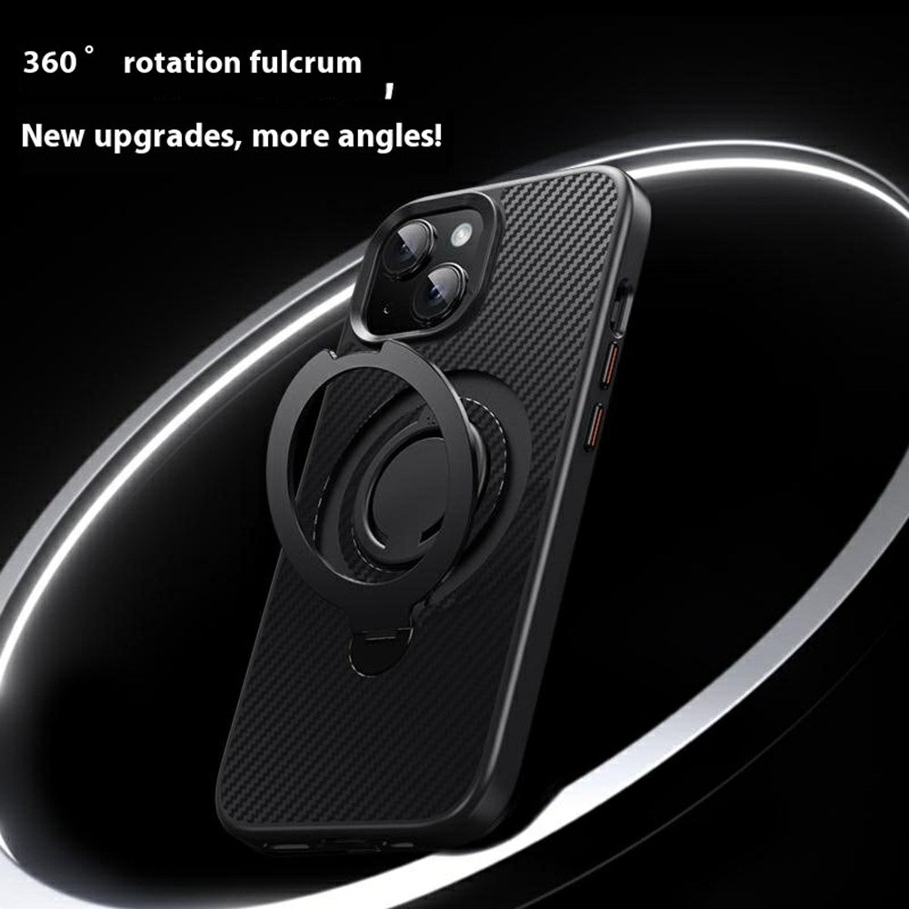 For iPhone 15 Case Compatible with MagSafe Kickstand Carbon Fiber Texture PC + TPU Back Cover with Silicone Ring