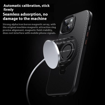 For iPhone 15 Case Compatible with MagSafe Kickstand Carbon Fiber Texture PC + TPU Back Cover with Silicone Ring