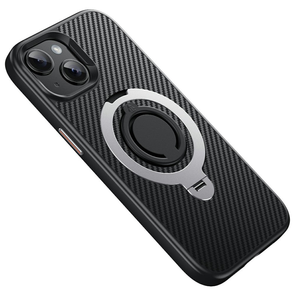For iPhone 15 Case Compatible with MagSafe Kickstand Carbon Fiber Texture PC + TPU Back Cover with Silicone Ring