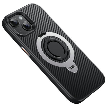 For iPhone 15 Case Compatible with MagSafe Kickstand Carbon Fiber Texture PC + TPU Back Cover with Silicone Ring