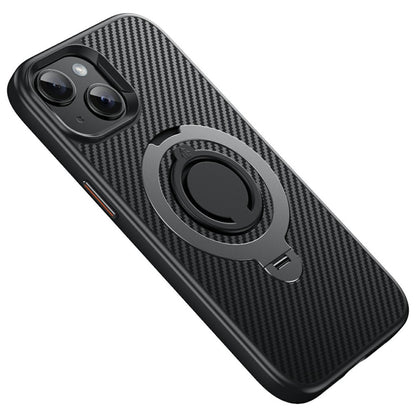For iPhone 15 Case Compatible with MagSafe Kickstand Carbon Fiber Texture PC + TPU Back Cover with Silicone Ring