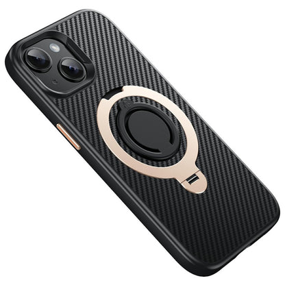 For iPhone 15 Case Compatible with MagSafe Kickstand Carbon Fiber Texture PC + TPU Back Cover with Silicone Ring