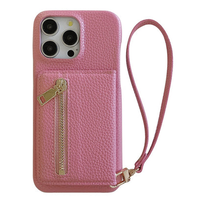 For iPhone 14 Pro Case Card Slots Kickstand PU Leather Back Cover with Zipper Pocket, Wrist Strap