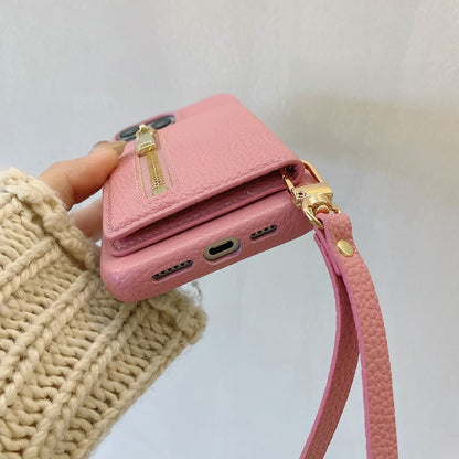 For iPhone 14 Pro Case Card Slots Kickstand PU Leather Back Cover with Zipper Pocket, Wrist Strap