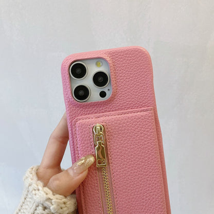 For iPhone 14 Pro Case Card Slots Kickstand PU Leather Back Cover with Zipper Pocket, Wrist Strap