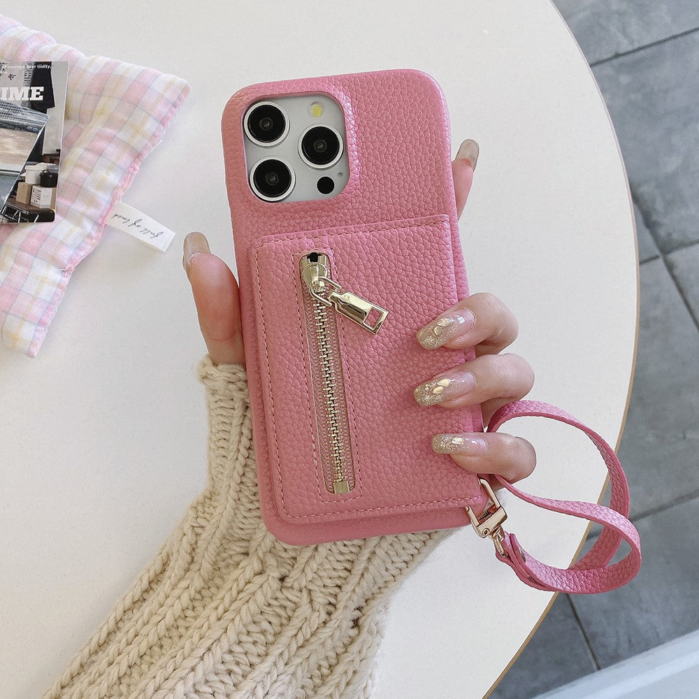 For iPhone 14 Pro Case Card Slots Kickstand PU Leather Back Cover with Zipper Pocket, Wrist Strap
