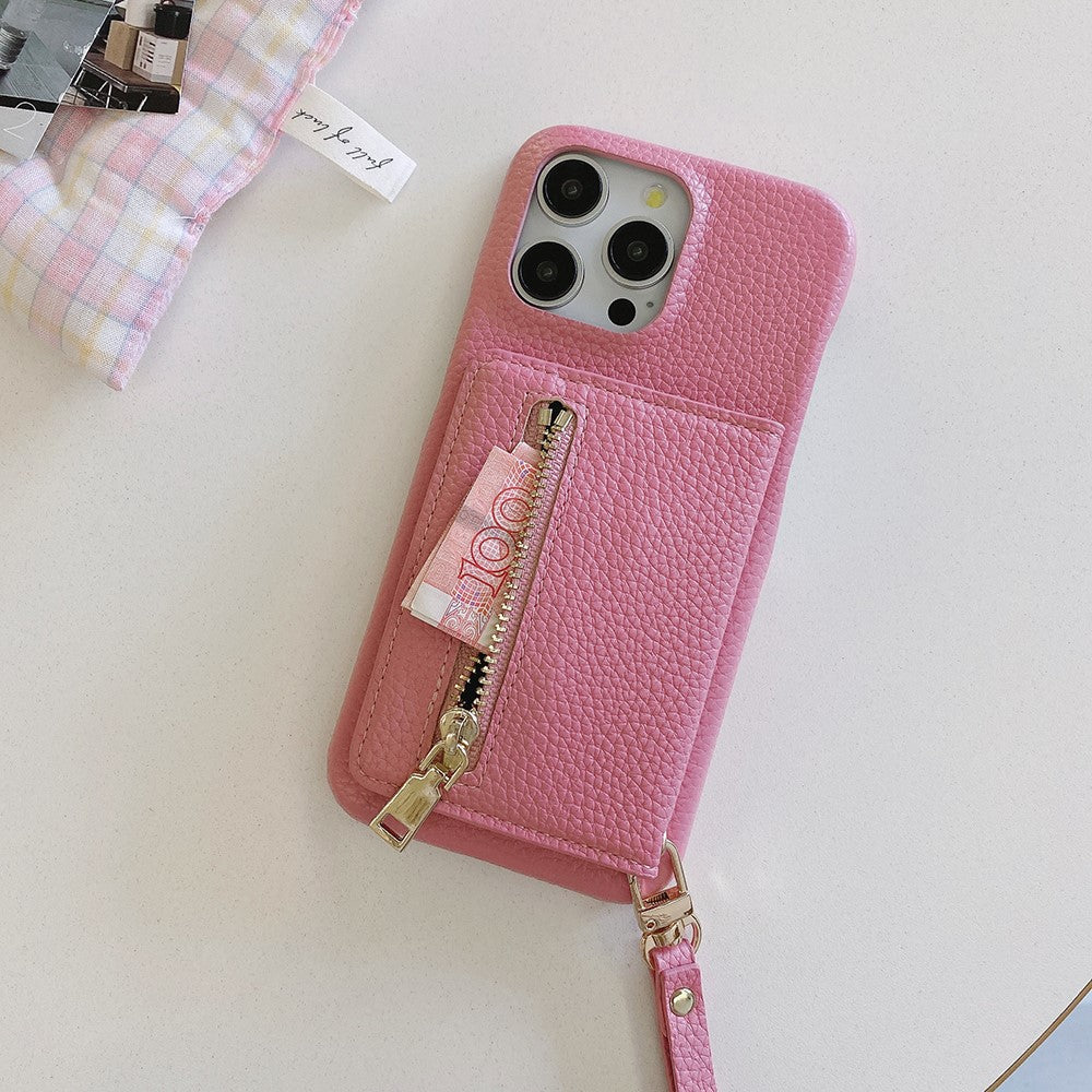 For iPhone 14 Pro Case Card Slots Kickstand PU Leather Back Cover with Zipper Pocket, Wrist Strap