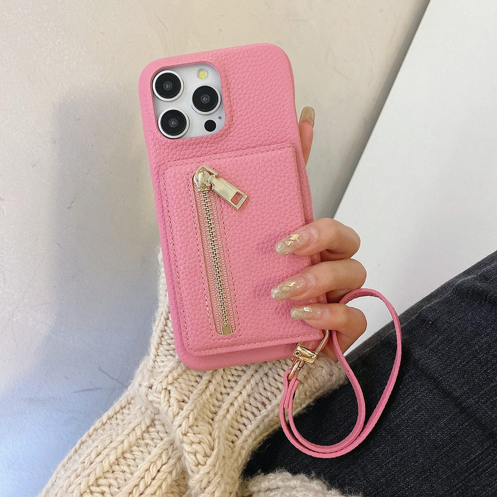 For iPhone 14 Pro Case Card Slots Kickstand PU Leather Back Cover with Zipper Pocket, Wrist Strap