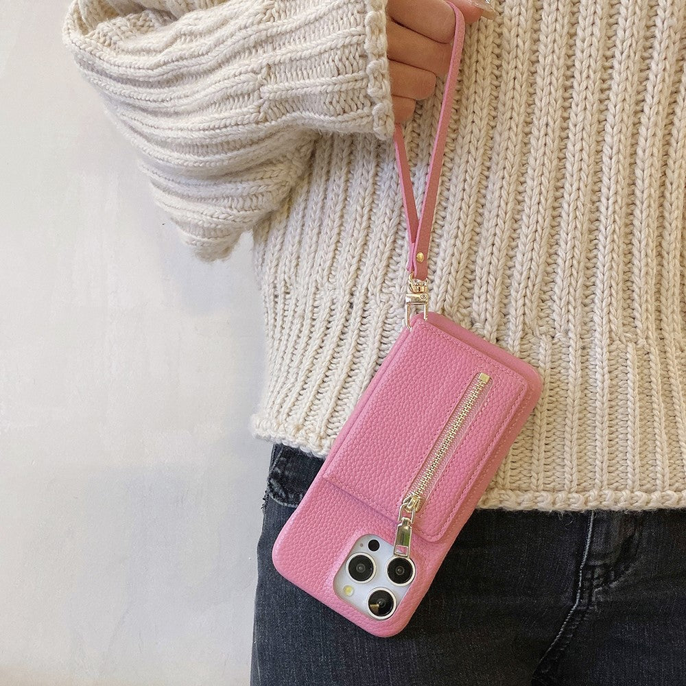 For iPhone 14 Pro Case Card Slots Kickstand PU Leather Back Cover with Zipper Pocket, Wrist Strap