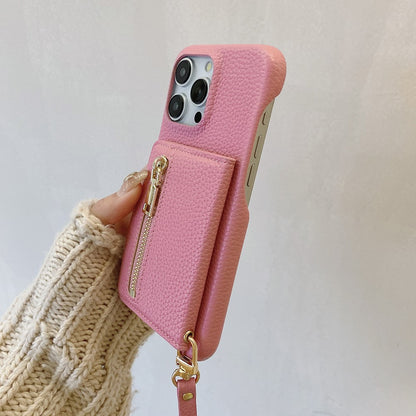For iPhone 14 Pro Case Card Slots Kickstand PU Leather Back Cover with Zipper Pocket, Wrist Strap
