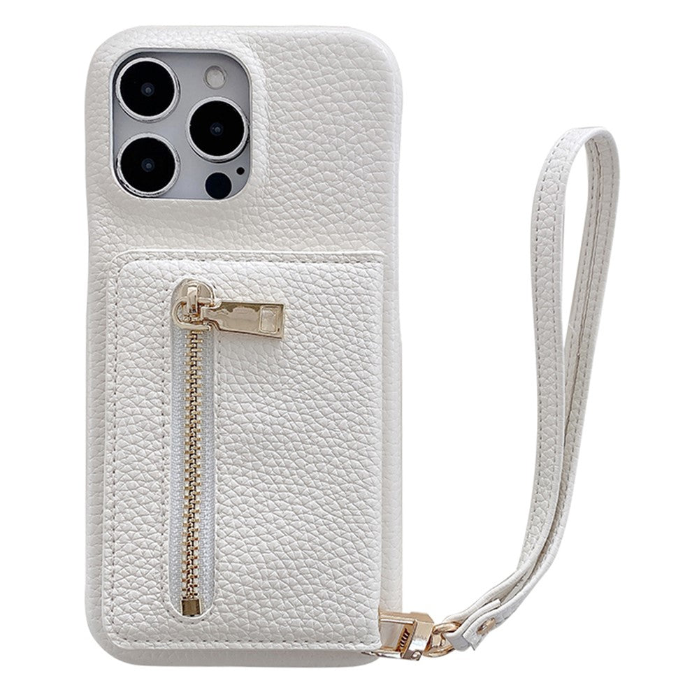 For iPhone 14 Pro Case Card Slots Kickstand PU Leather Back Cover with Zipper Pocket, Wrist Strap