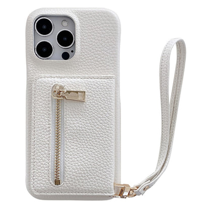 For iPhone 14 Pro Case Card Slots Kickstand PU Leather Back Cover with Zipper Pocket, Wrist Strap