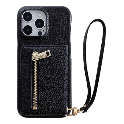 For iPhone 14 Pro Case Card Slots Kickstand PU Leather Back Cover with Zipper Pocket, Wrist Strap