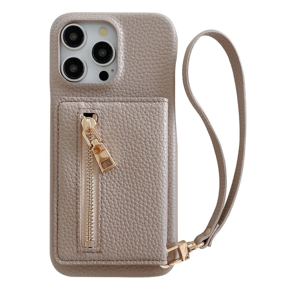 For iPhone 14 Pro Case Card Slots Kickstand PU Leather Back Cover with Zipper Pocket, Wrist Strap