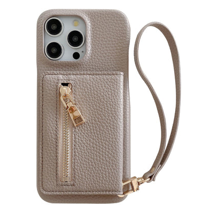 For iPhone 14 Pro Case Card Slots Kickstand PU Leather Back Cover with Zipper Pocket, Wrist Strap