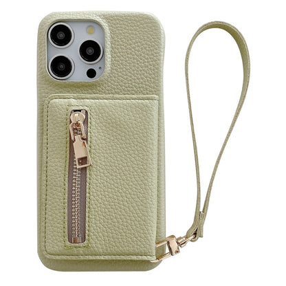For iPhone 14 Pro Case Card Slots Kickstand PU Leather Back Cover with Zipper Pocket, Wrist Strap