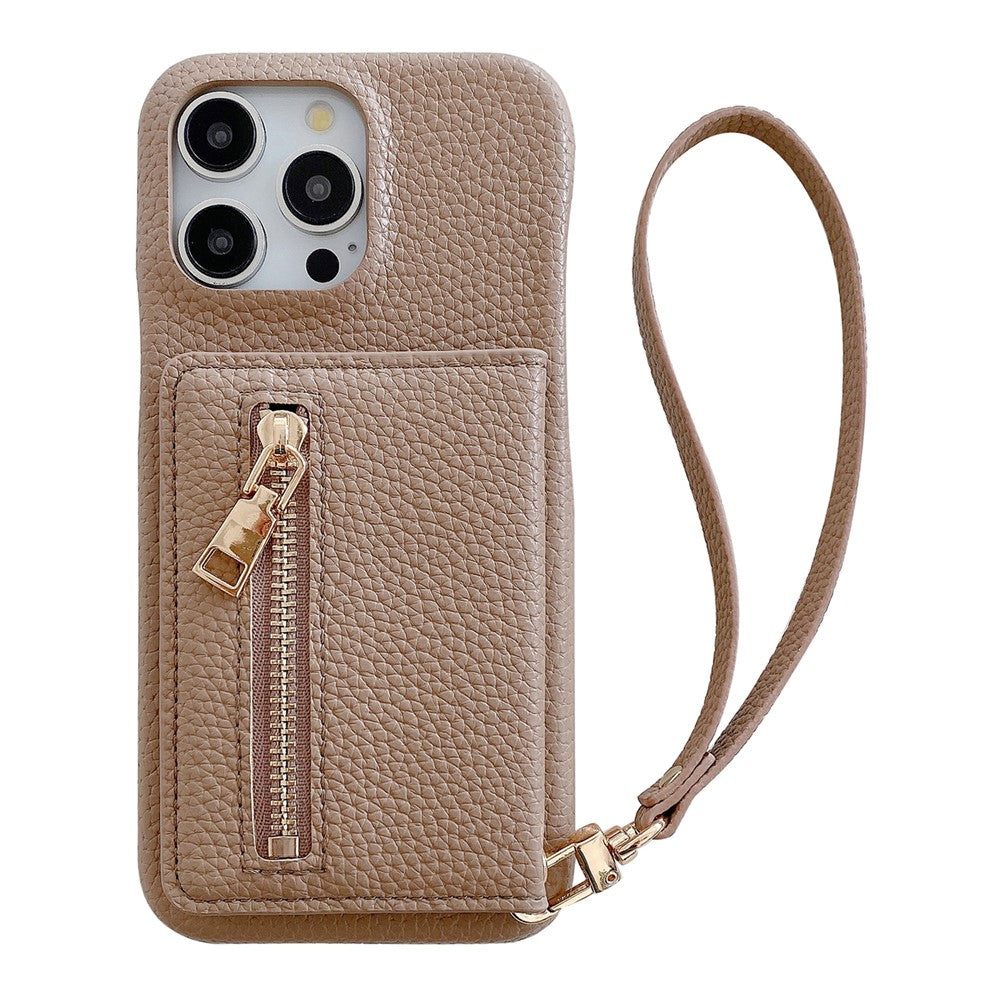 For iPhone 14 Pro Case Card Slots Kickstand PU Leather Back Cover with Zipper Pocket, Wrist Strap