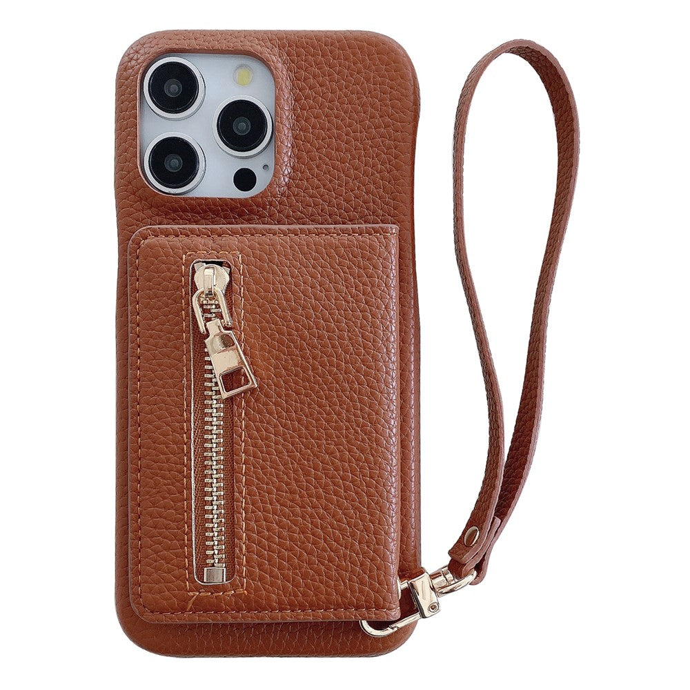 For iPhone 14 Pro Case Card Slots Kickstand PU Leather Back Cover with Zipper Pocket, Wrist Strap
