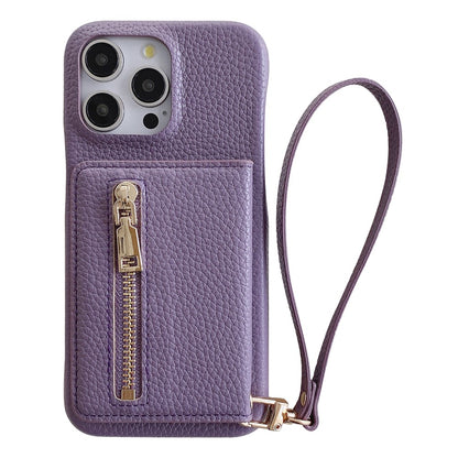 For iPhone 14 Pro Case Card Slots Kickstand PU Leather Back Cover with Zipper Pocket, Wrist Strap