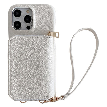 For iPhone 14 Pro Case Zipper Card Slots PU Leather Phone Back Cover with Wrist Strap