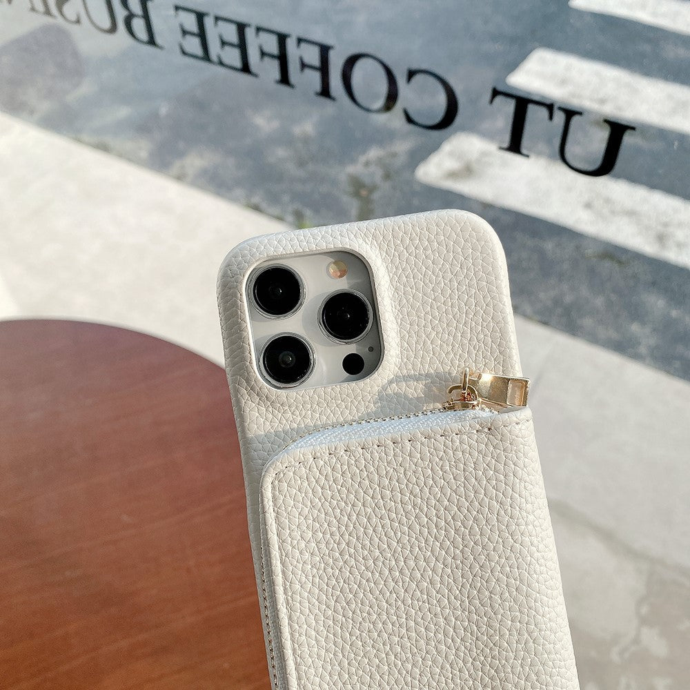 For iPhone 14 Pro Case Zipper Card Slots PU Leather Phone Back Cover with Wrist Strap