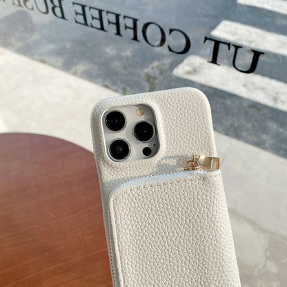 For iPhone 14 Pro Case Zipper Card Slots PU Leather Phone Back Cover with Wrist Strap