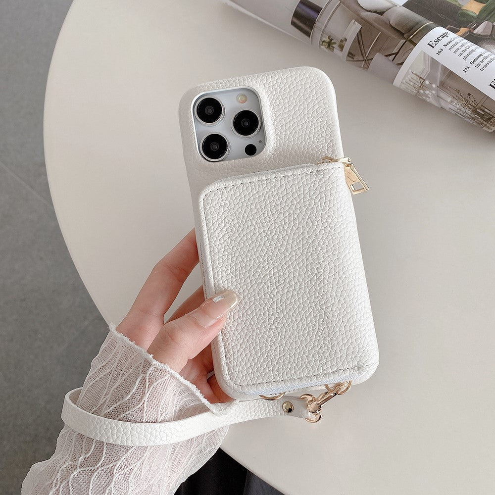 For iPhone 14 Pro Case Zipper Card Slots PU Leather Phone Back Cover with Wrist Strap