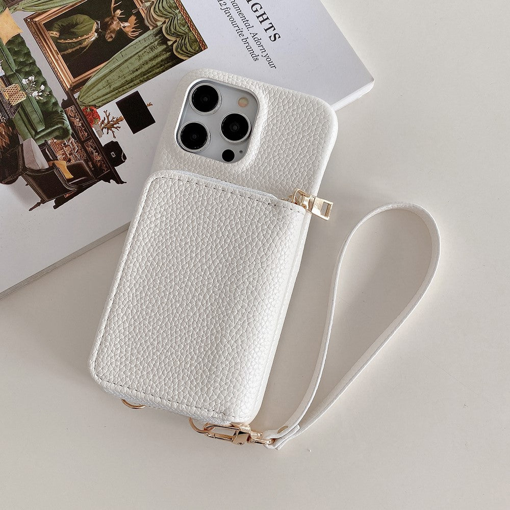 For iPhone 14 Pro Case Zipper Card Slots PU Leather Phone Back Cover with Wrist Strap