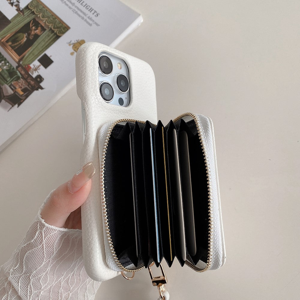 For iPhone 14 Pro Case Zipper Card Slots PU Leather Phone Back Cover with Wrist Strap