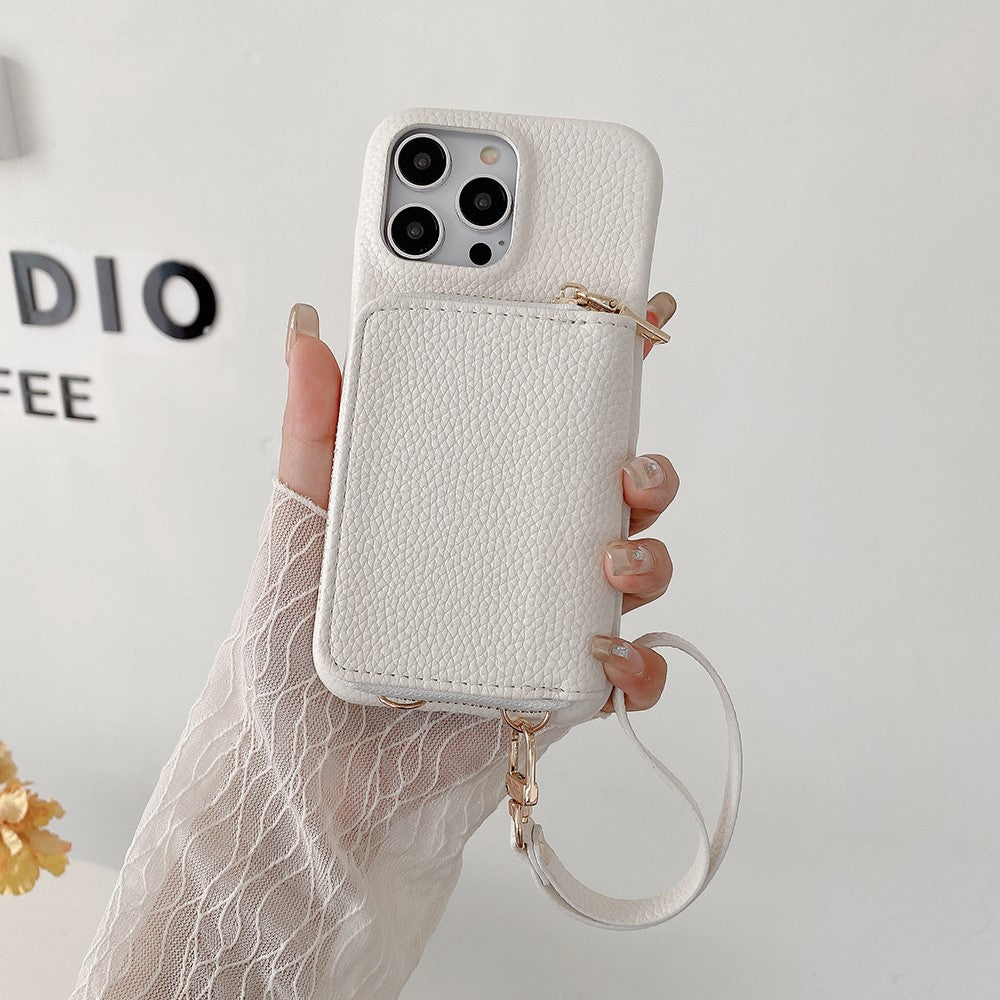 For iPhone 14 Pro Case Zipper Card Slots PU Leather Phone Back Cover with Wrist Strap