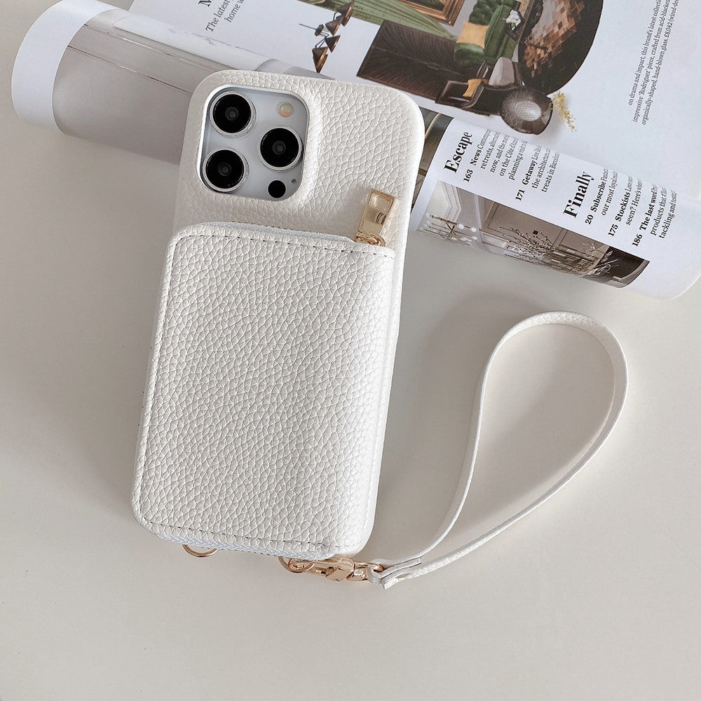 For iPhone 14 Pro Case Zipper Card Slots PU Leather Phone Back Cover with Wrist Strap