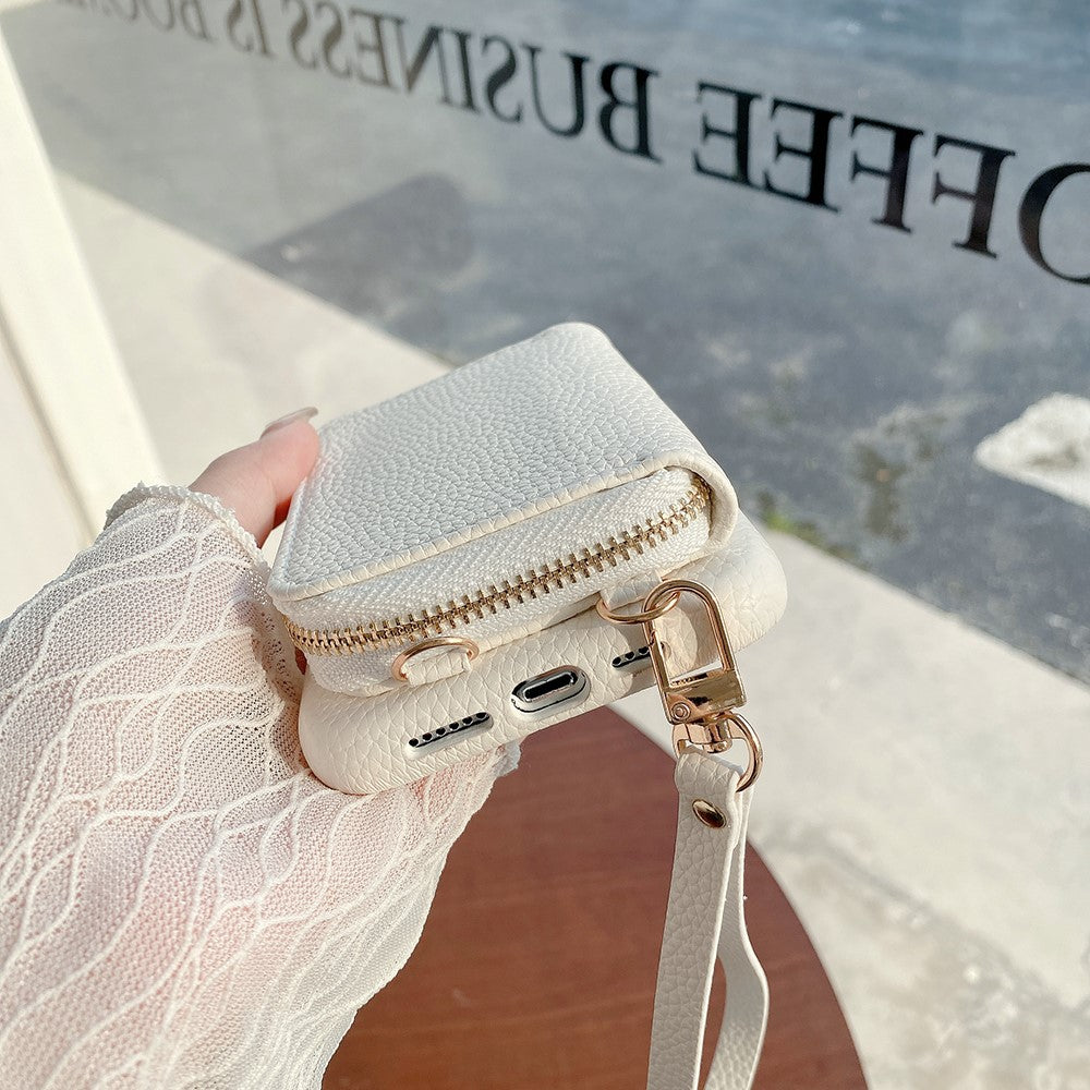 For iPhone 14 Pro Case Zipper Card Slots PU Leather Phone Back Cover with Wrist Strap