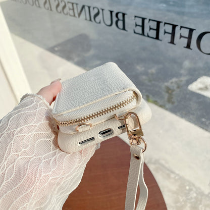 For iPhone 14 Pro Case Zipper Card Slots PU Leather Phone Back Cover with Wrist Strap