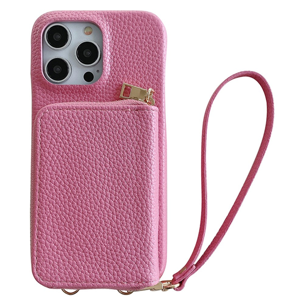 For iPhone 14 Pro Case Zipper Card Slots PU Leather Phone Back Cover with Wrist Strap