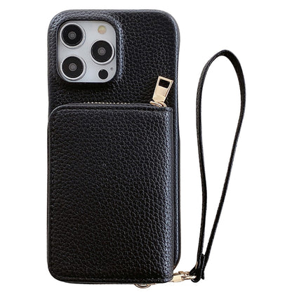 For iPhone 14 Pro Case Zipper Card Slots PU Leather Phone Back Cover with Wrist Strap