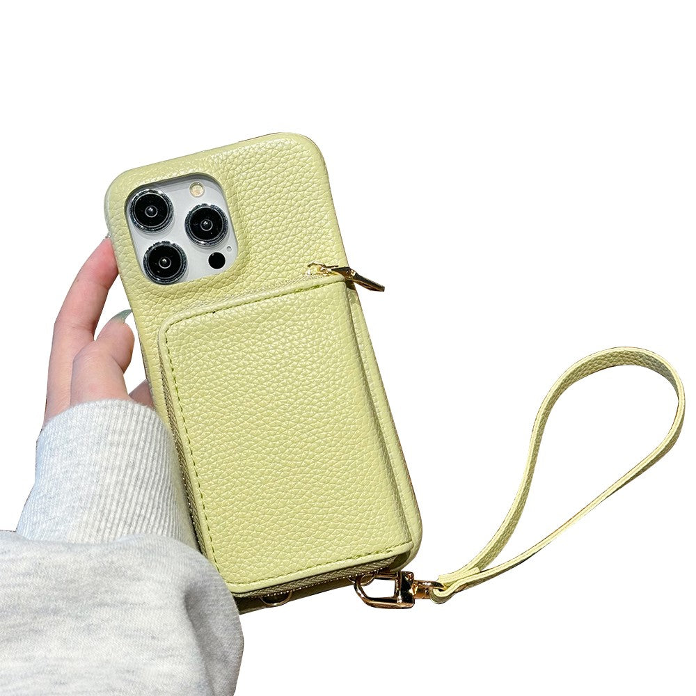 For iPhone 14 Pro Case Zipper Card Slots PU Leather Phone Back Cover with Wrist Strap