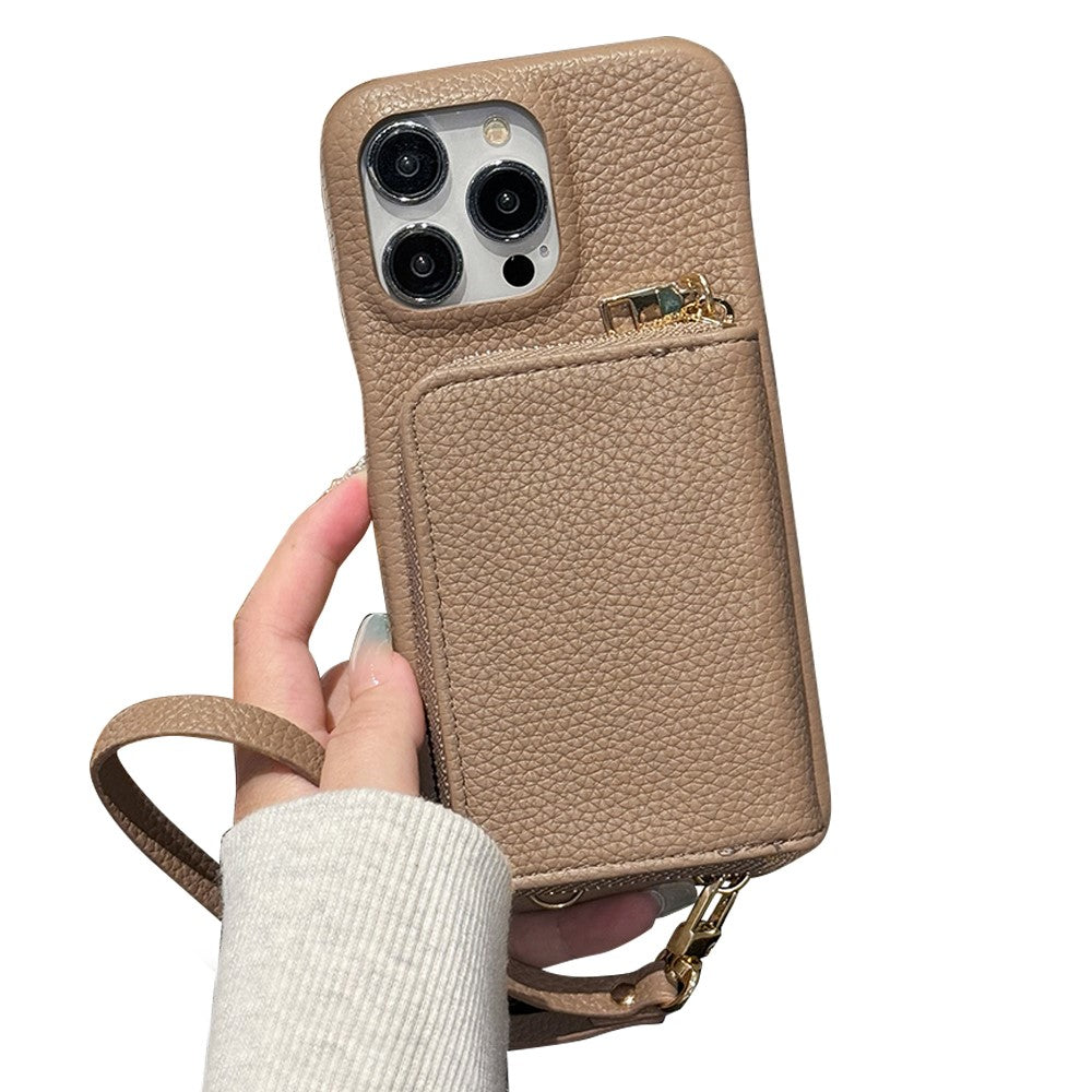 For iPhone 14 Pro Case Zipper Card Slots PU Leather Phone Back Cover with Wrist Strap