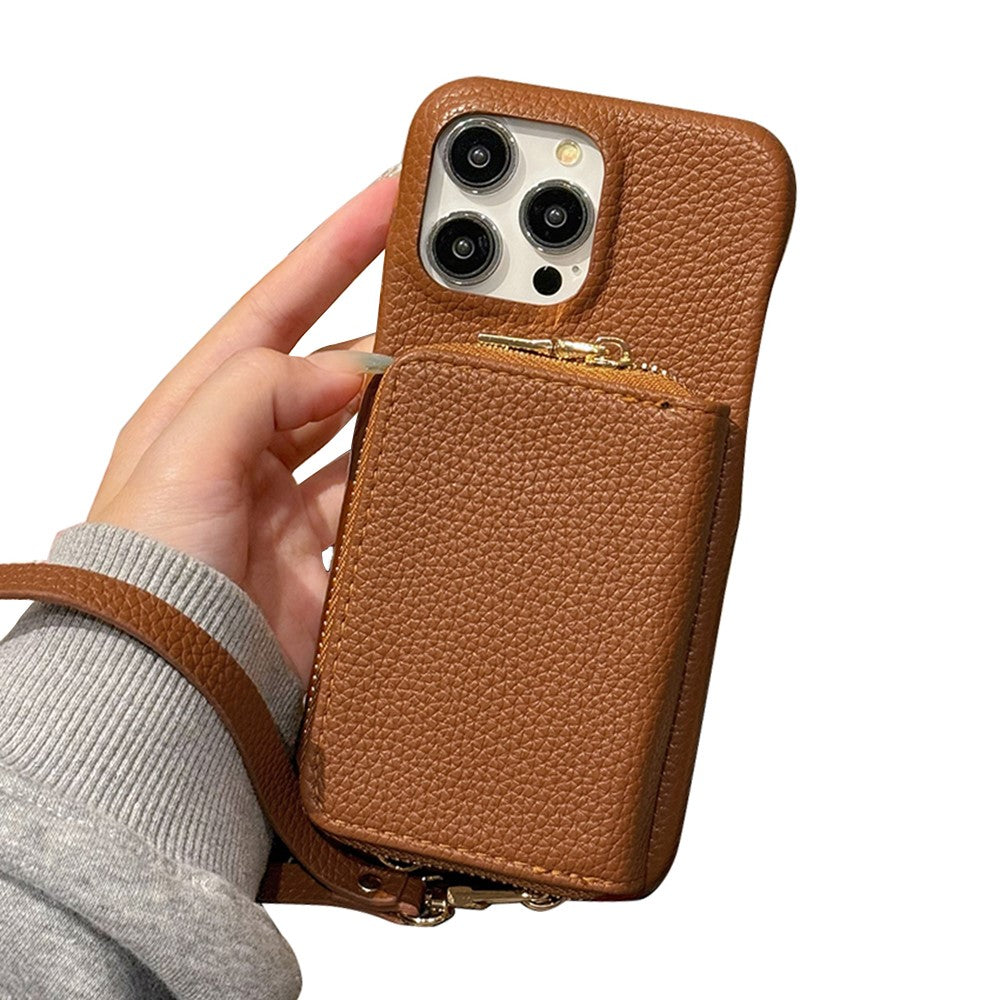 For iPhone 14 Pro Case Zipper Card Slots PU Leather Phone Back Cover with Wrist Strap