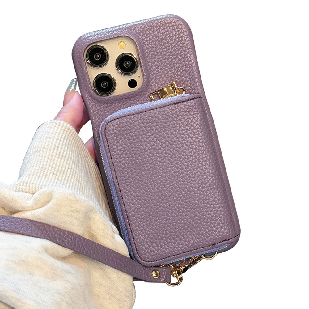 For iPhone 14 Pro Case Zipper Card Slots PU Leather Phone Back Cover with Wrist Strap