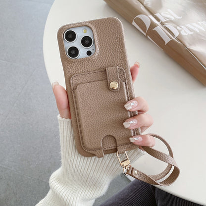 For iPhone 14 Pro Case Multi-Functional Card Slots Leather Back Cover with Wrist Strap