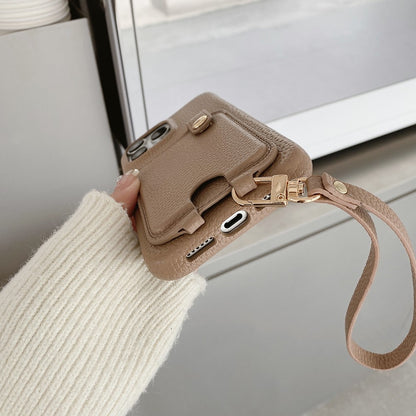 For iPhone 14 Pro Case Multi-Functional Card Slots Leather Back Cover with Wrist Strap