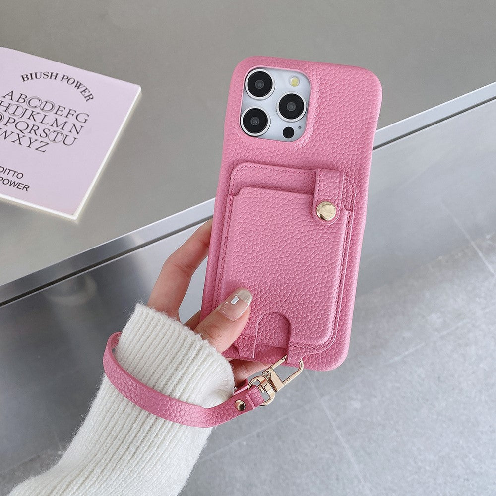 For iPhone 14 Pro Case Multi-Functional Card Slots Leather Back Cover with Wrist Strap