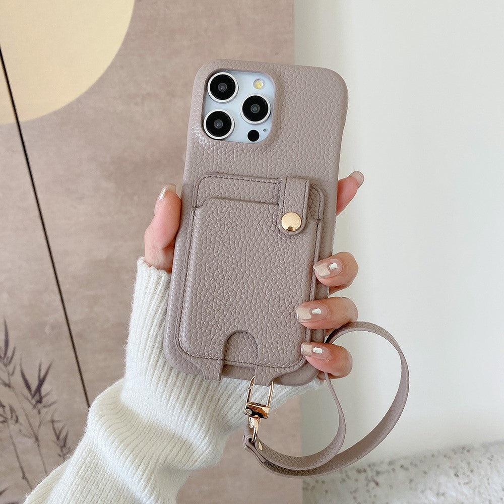 For iPhone 14 Pro Case Multi-Functional Card Slots Leather Back Cover with Wrist Strap