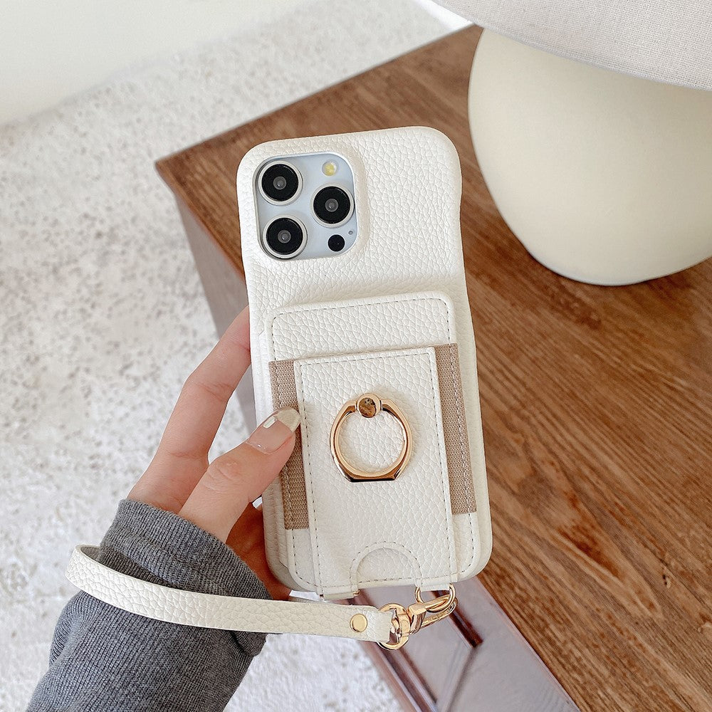 For iPhone 14 Pro Case Card Slots Kickstand PU Leather Back Cover with Ring Holder, Wrist Strap