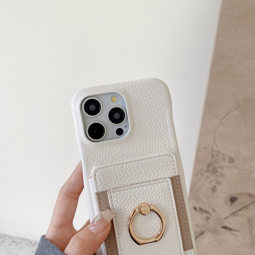 For iPhone 14 Pro Case Card Slots Kickstand PU Leather Back Cover with Ring Holder, Wrist Strap