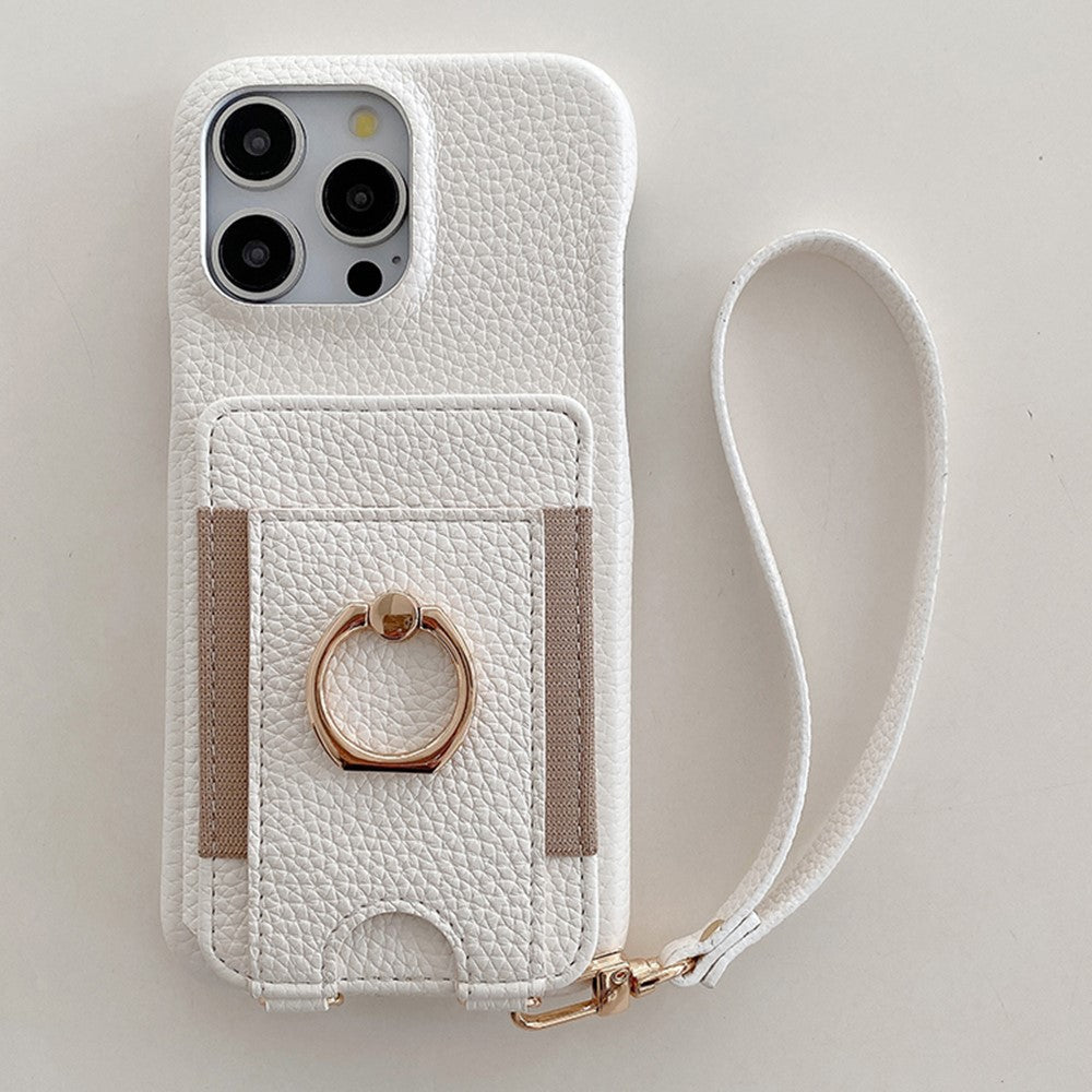 For iPhone 14 Pro Case Card Slots Kickstand PU Leather Back Cover with Ring Holder, Wrist Strap