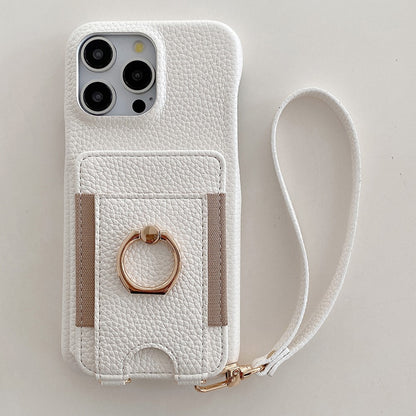 For iPhone 14 Pro Case Card Slots Kickstand PU Leather Back Cover with Ring Holder, Wrist Strap