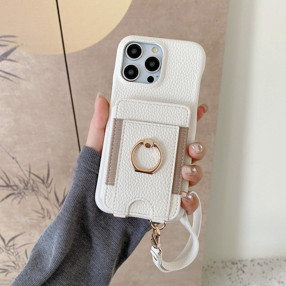For iPhone 14 Pro Case Card Slots Kickstand PU Leather Back Cover with Ring Holder, Wrist Strap